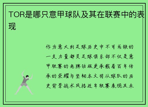 TOR是哪只意甲球队及其在联赛中的表现